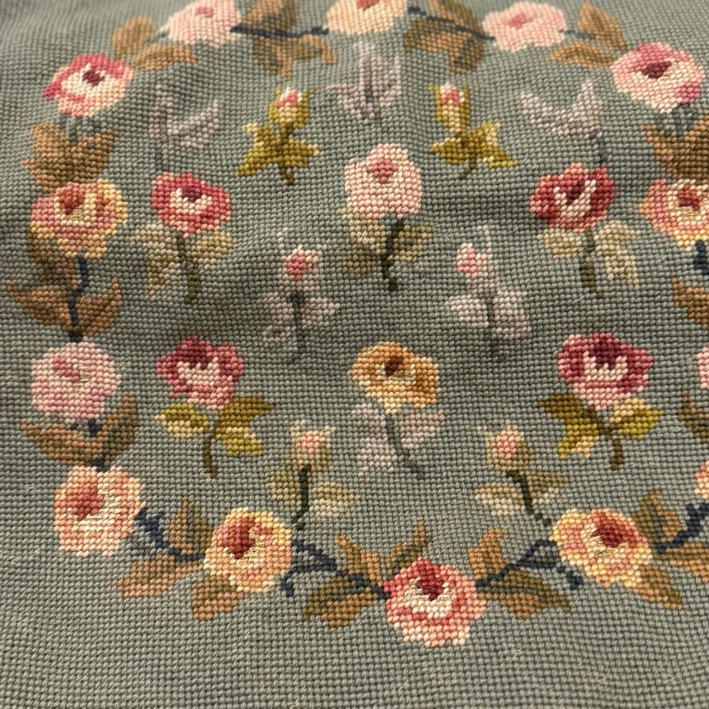1Hand Crafted Vintage  Rose Floral In Scroll Needlepoint Pillow Cover